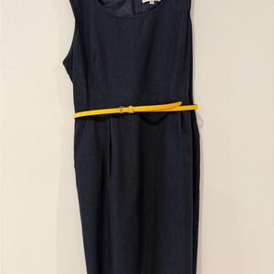 Sandra Darren Navy Midi Sheath Dress with Yellow Belt